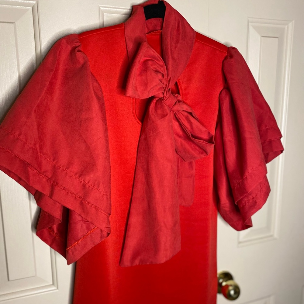 Red, ruffle sleeve, bow tie, faux suede dress, Medium. - Picture 2 of 3
